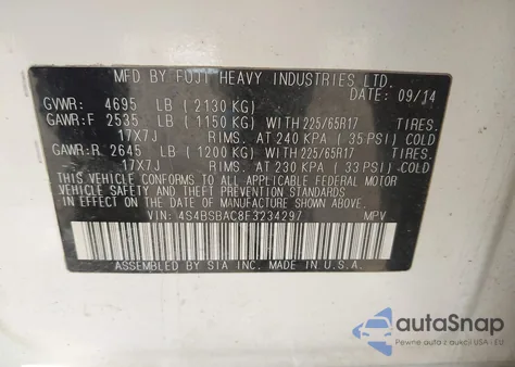 2015 Subaru Outback 2.5I z USA, uszkodzony, nr VIN 4S4BSBAC8F3234297